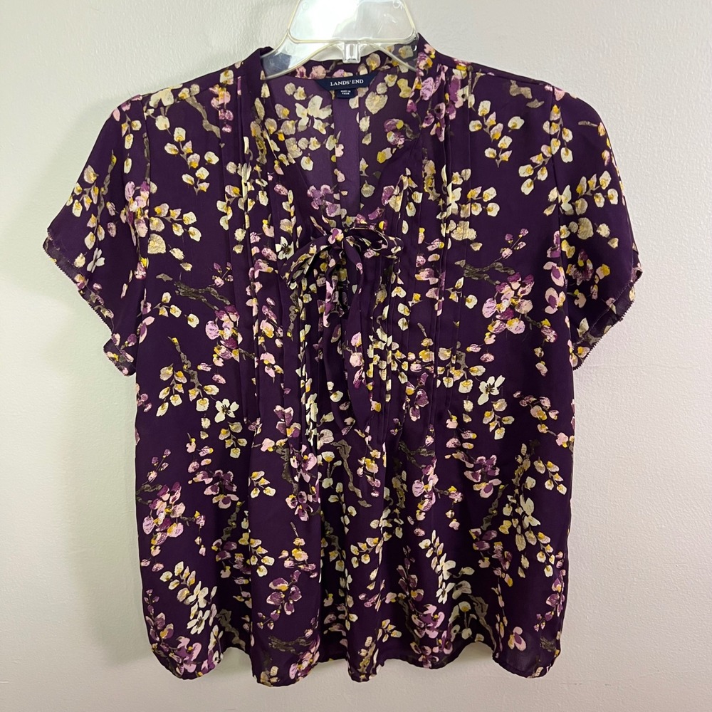 Lands End Womens Purple Floral Tie Neck Pleated Short Sleeve Blouse, Size 16 - Picture 7 of 9